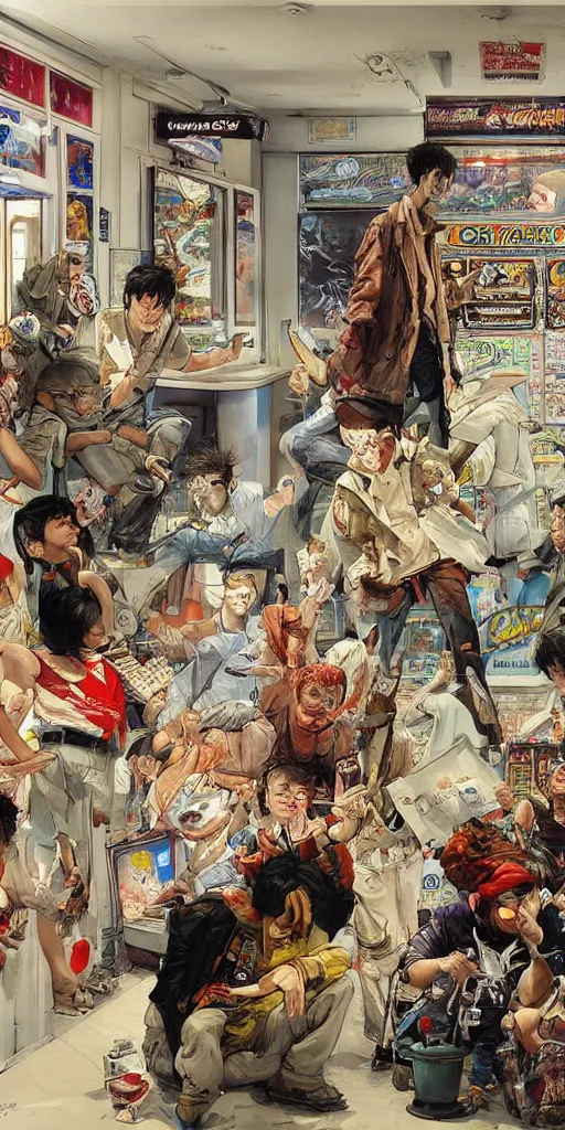 Image similar to oil painting scene from amusement arcade by kim jung gi