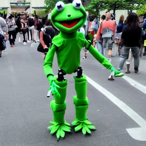 Prompt: a robot in a kermit the frog costume at a anime convention