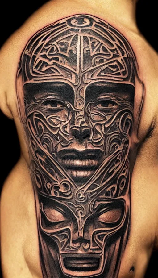 Prompt: ancient biomechanical hybrid aztec fantasy human face mask tattoo pattern concept, teonanacatl glyph, intricate artwork by, Alex Grey, Artgerm, H.R. Giger, very coherent artwork, cinematic, hyper realism, high detail, octane render, unreal engine, 8k, High contrast, higly detailed black ink outline