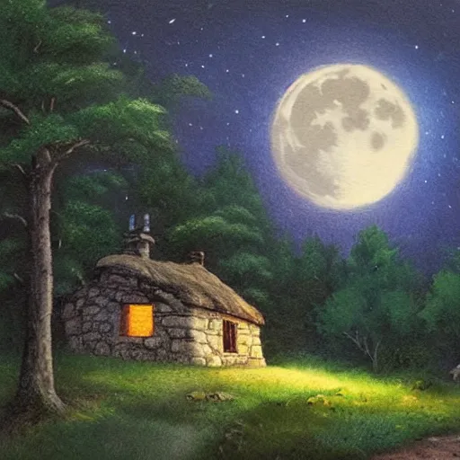 Prompt: highly detailed landscape painting of a small cottage in a forest at the start of a large mountain, at night, only light is the full moon