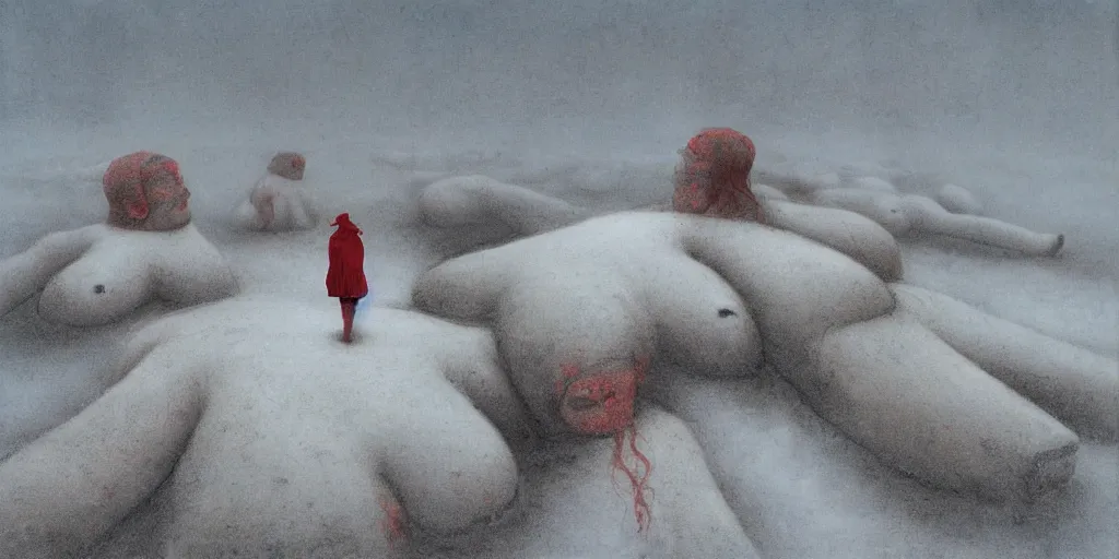 Image similar to a surrealist painting of a lonely woman with white skin and red hair standing over pile of bodies in post apocalyptic snowy landscape, painted by beksinski