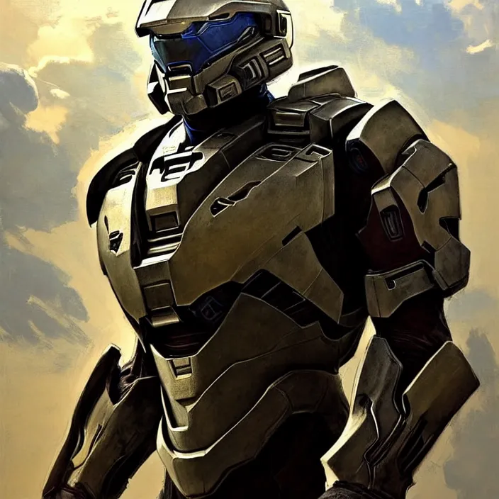 Image similar to Robert Downey Jr wearing Forerunner armor from Halo, countryside, calm, fantasy character portrait, dynamic pose, above view, sunny day, thunder clouds in the sky, artwork by Jeremy Lipkin and Giuseppe Dangelico Pino and Michael Garmash and Rob Rey and Greg Manchess and Huang Guangjian, very coherent asymmetrical artwork, sharp edges, perfect face, simple form, 100mm