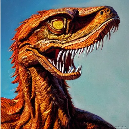 Prompt: oil painting of a velociraptor on canvas, by James gurney, realism, warm lighting, award winning, high detail, professional, volumetric lighting