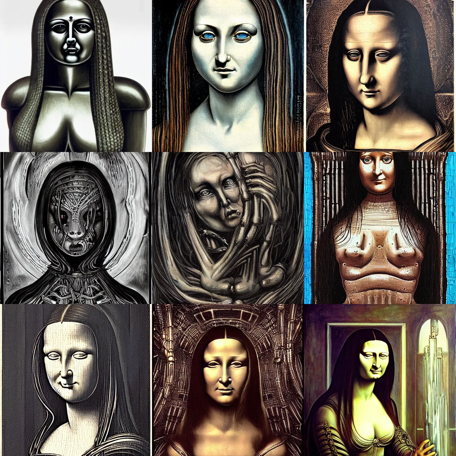 Prompt: ( ( ( ( ( monalisa ) ) ) ) ) in the style of h. r. giger!!!!!