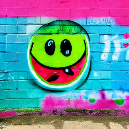 Prompt: a cute and happy watermelon, graffiti, photograph, made by banksy, vivid colors, spray brush, midday, sunny, professional