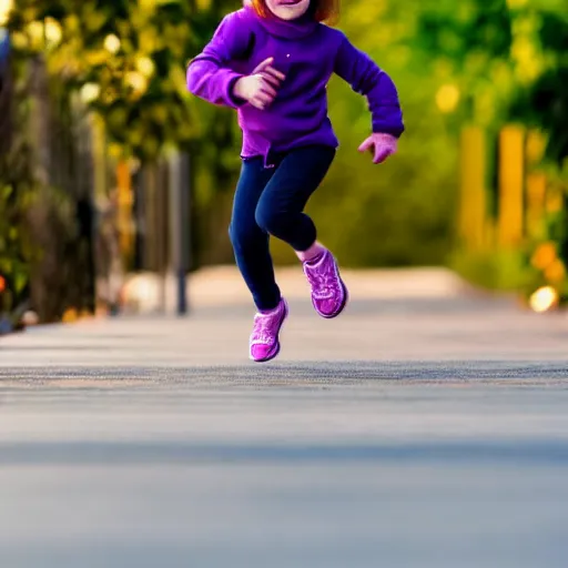 Image similar to portrait of midget emma stone running down a sidewalk, sharp focus, 4 k editorial photograph, soft lighting