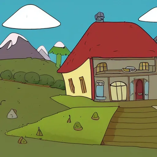 Prompt: hill with house, adventure time cartoon, adventure time style, adventure time by adam muto