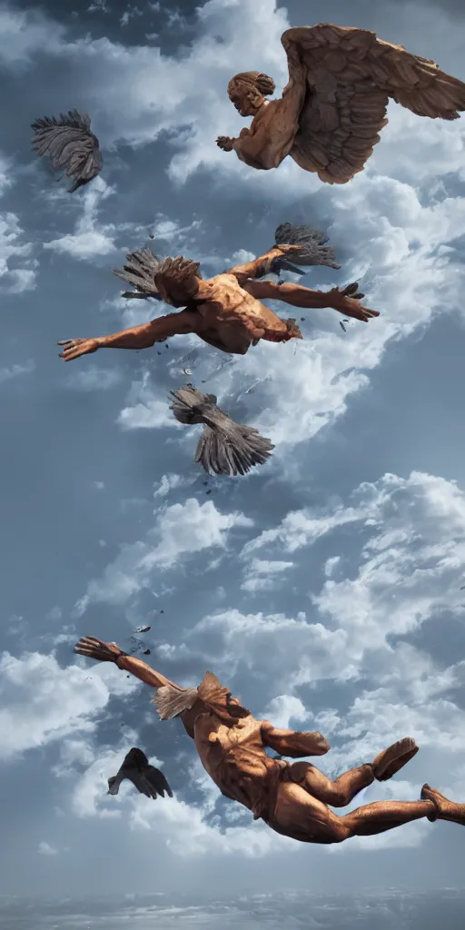 Image similar to Icarus falling, HD, highly detailed, Blender Render, realistic, octane render, highly detailed
