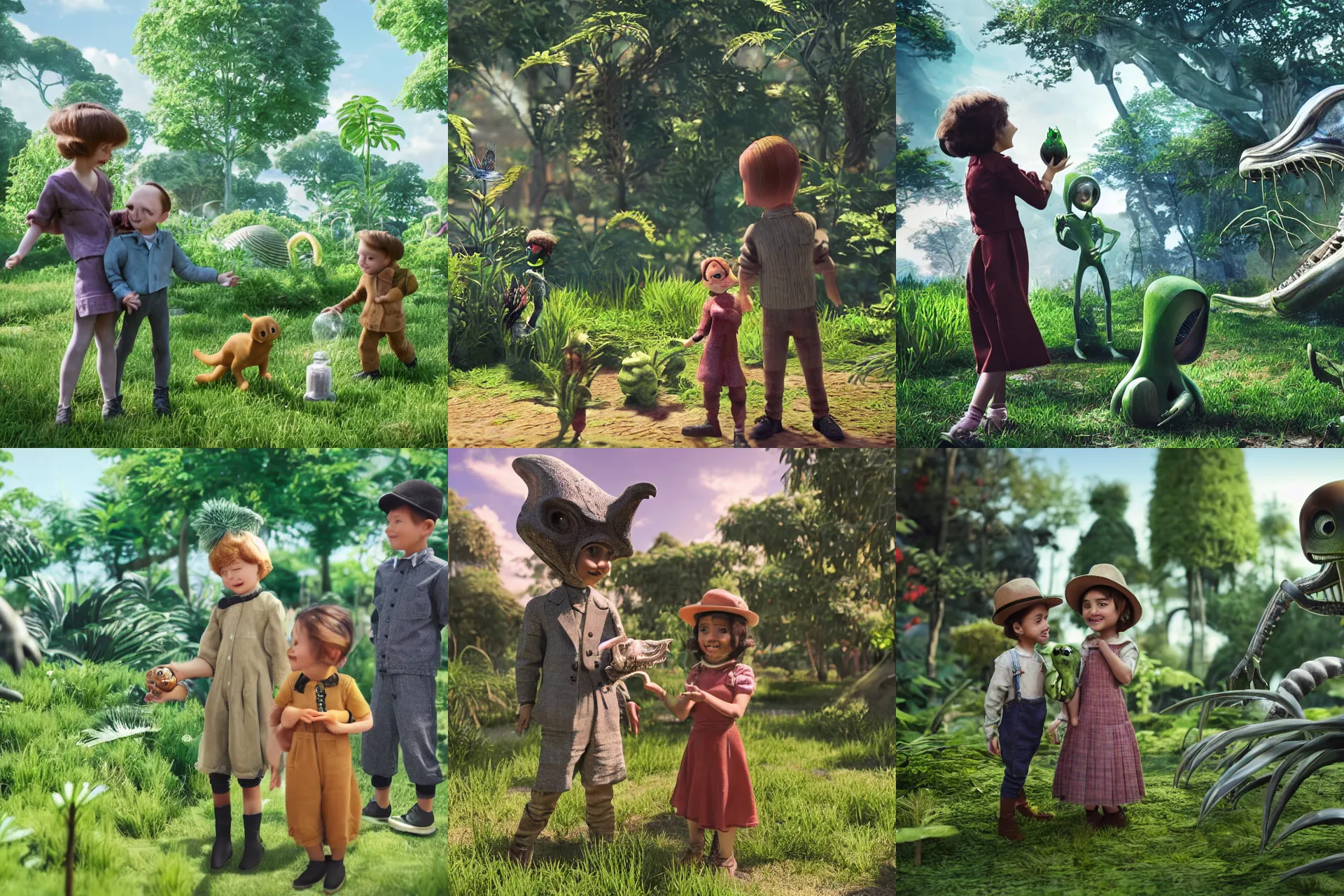 Prompt: a girl and a boy standing next to some alien plants, looking happy, wearing 1910 era clothes, they are playing with their small pet alien creature, in a park on a alien planet, extremely highly detailed, ultra realistic facial details, ultra photorealistic raytracing, octane, 8k