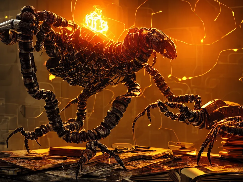 Image similar to A frightening gigantic evil robot scorpion devouring books with pipes and tubes and wires, hyperealistic very colourful hdr cinematic lighting cgi render photorealistic cinematic octane render