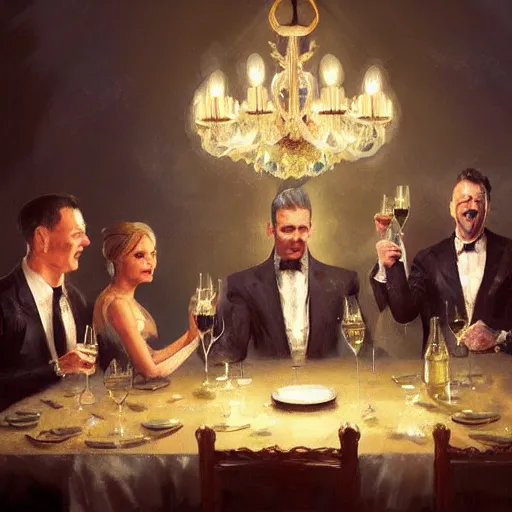 Prompt: a happy mafia family celebrating drinking champagne around a table, a big chandelier hanging from roof by greg rutkowski and thomas kinkade, trending on artstation