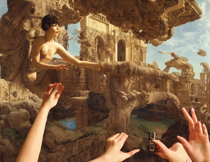 Prompt: a detailed portrait painting of a first-person view within a floating 3D VR hand interface (iOS hologram UI controls) by Jony Ive, Moebius, Roger Dean, Lawrence Alma-Tadema, John Martin, and tuomas korpi intricate artwork by caravaggio and James Turrell,. Oil painting. Trending on artstation. 8k