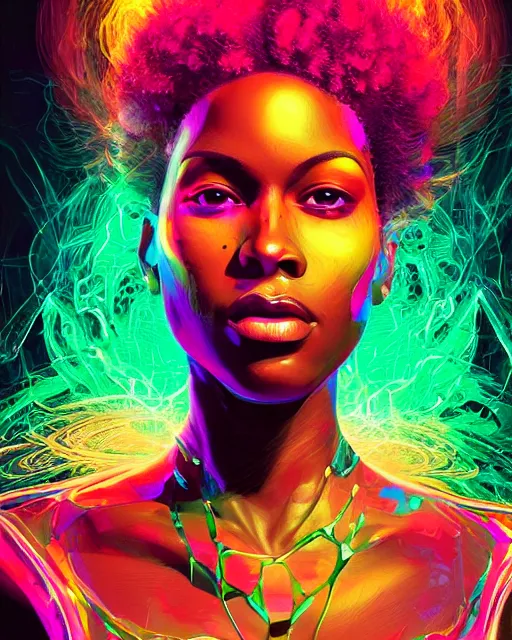 Prompt: a powerful energy psychedelic matrix afro american woman, by alexander fedosav, hyper detailed digital matte painting, concept art, hyperrealism, 1 6 k resolution, cinema 4 d, 8 k resolution, trending on artstation, behance hd, a masterpiece, by stephan martiniere, particles, cel - shaded, power bright neon energy, by david a. hardy