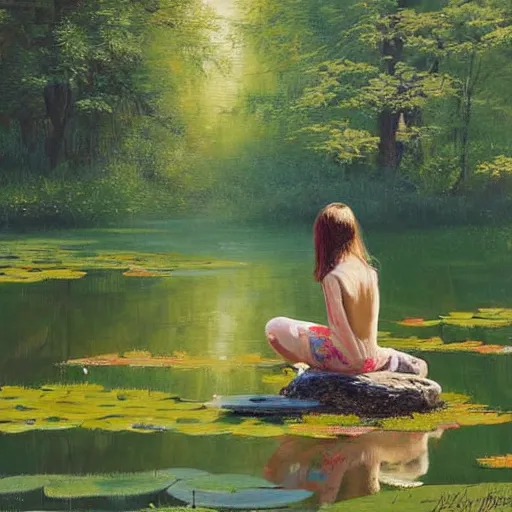 Prompt: Painting. a young girl is sitting on the edge of a pond, with her feet in the water. She is looking at a frog that is sitting on a lily pad in the pond. pine green by Wadim Kashin, by Bruce Munro earthy
