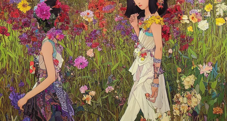 Image similar to oil painting, long shot, beautiful floralpunk thai girl illustration walking in a park, detailed patterns art of thai traditional dress, flower pop art, floral splash painting, art by ashley wood, alphonse mucha, makoto shinkai, geof darrow, dark shadow