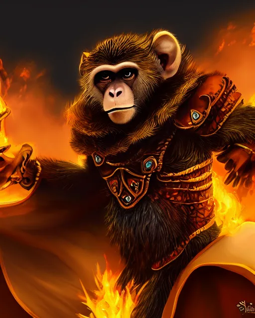 Image similar to fury art, an anthro monkey wearing a large cape and a fantasy armor, fire, fiery background, 3 d, 8 k, extremely detailed, trending on furaffinity, trending on artstation, award winning, sharp focus, illustration