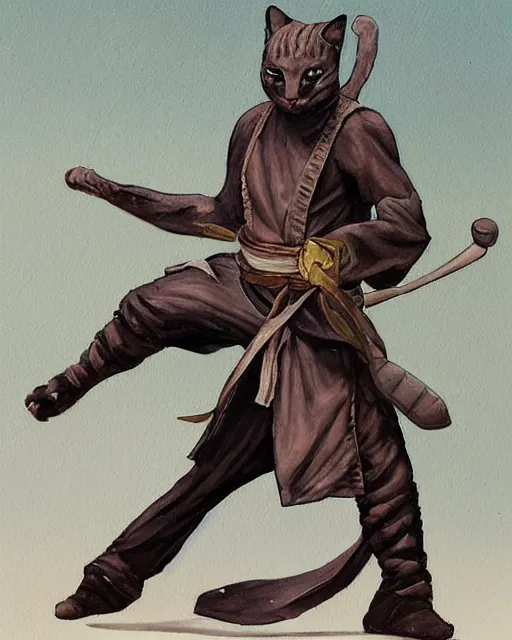 Prompt: a oil / watercolor painting full body character portrait of an anthromorphic cat martial artist / ninja in the style of moebius in the style of leonard boyarsky trending on artstation deviantart pinterest detailed photorealistic highlights and shadow hd 8 k post - processing high resolution