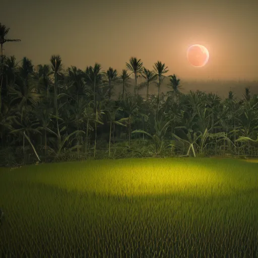Image similar to A large blood moon rising over a rice paddy in Bali, concept art, matte painting, trending artstation, octane render, plague, apocalyptic 8k