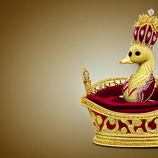 Image similar to King duck sitting on a gold throne decorated with many rubies and diamonds, duck is wearing a gold crown and gold necklace, super realistic, 4k