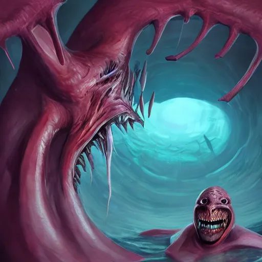 Image similar to d & d fantasy art, a huge human mouth with large flat teeth, large dorsal fins swimming through a dark ocean, pink skin, sinew, concept art, character art, horror