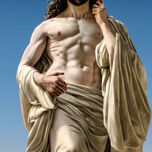 Prompt: an extremely detailed sculpture of a ridiculously good looking jesus that looks like a jewish gigachad posed like the christo redentor, long curly hair, elegant ancient greek dress, very detailed, standing on a mountain over rio de janeiro, beautiful, intricate, cinematic, artstation, william bouguereau, alphonse mucha, greg rutkowski, rossdraws, octane render