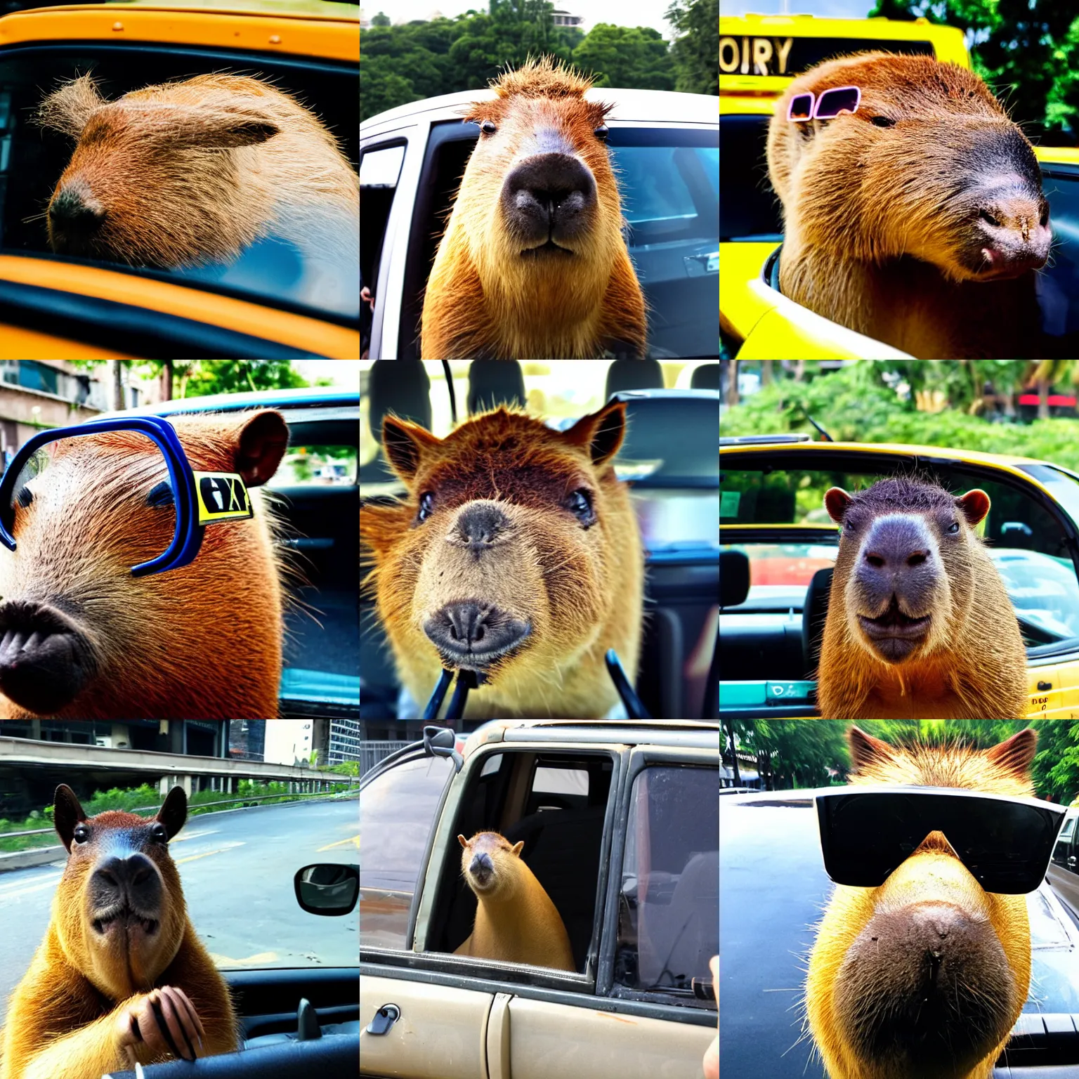 Prompt: capybara wearing sunglasses in the back of a taxi