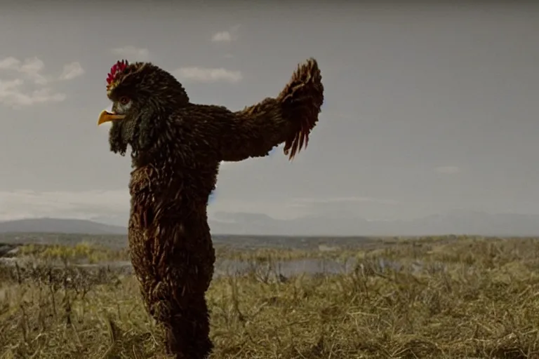 Image similar to a cinematic still of beautiful landscape, olmsted, brutalist chicken man
