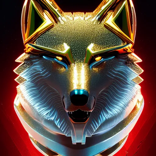 Image similar to chrome and gold wolf, glossy, metallic, neon, symmetrical, tribal patterns, realistic, unreal engine, octane, redshift, artstation, behance