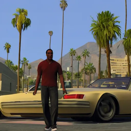 Image similar to Eddie Murphy in GTA V. Los Santos in the background, palm trees. In the art style of Stephen Bliss