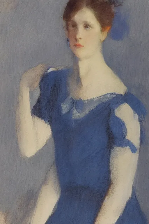 Prompt: portrait of a young woman in a blue dress by charles hawthorne, highly detailed, sharp focus, dramatic backlighting