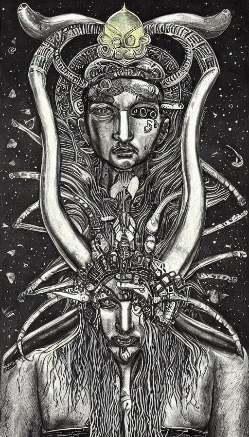 Prompt: the emperor, ram horns sprouting from his head, golden taurus, mars energy, ankh, wisdom, tarot, black and white painting, by daniel martin diaz