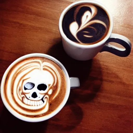 Prompt: skull, latte art, sinister lighting