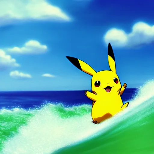 Image similar to pikachu surfing on a wave made of green slime, pokemon tcg image, trending on artstation