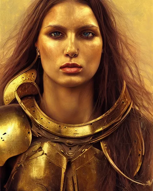 Prompt: beautiful female warrior, half body portrait, long flowing hair, heavy gold armour, realistic oil painting by boris valejo