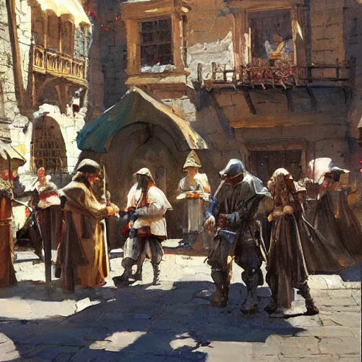 Image similar to medieval town square, detailed by greg manchess, craig mullins, bernie fuchs, walter everett