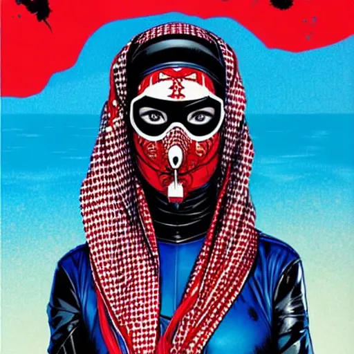 Prompt: a portrait of a saudi woman wearing a diver suit and mask with side profile blood in ocean intricate details by MARVEL comics and Sandra Chevrier-C