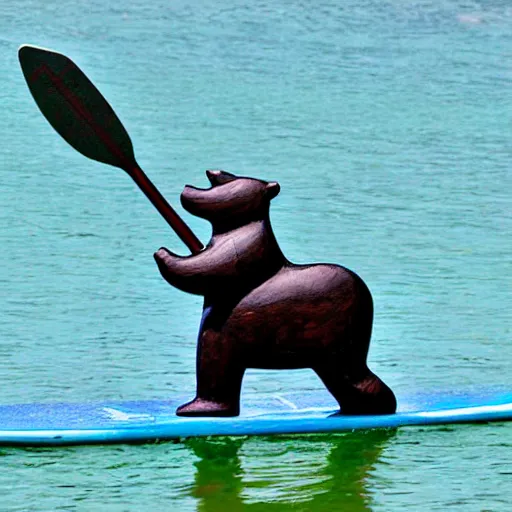 Image similar to paddling bear, stand up paddleboard, sup, in the style of soapstone carving, in the inuit carving style, soapstone, etching,