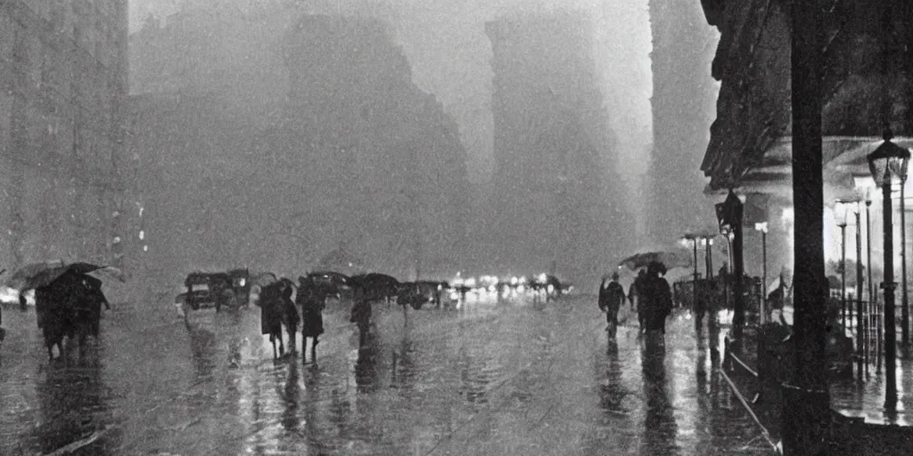 Image similar to Leica photography of New York City in the rain, Summer evening, in 1920