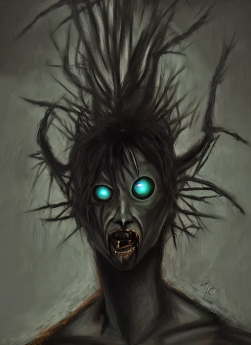 Prompt: dark portrait painting of tracer from overwatch, in style of zdzisław beksinski, scary, horror, overwatch tracer character, look of disgust, detailed face, dressed in dark garment, black tendrils, tall,
