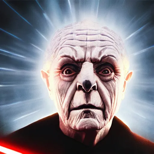 Image similar to portrait of Emperor Palpatine, Orange eyes, circles under the eyes, Star Wars movie Style, photo from the movie