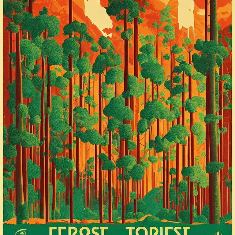 Image similar to art - deco travel poster for a beautiful forest by petros afahar