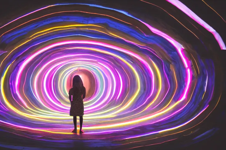 Image similar to A photograph of a woman standing in a spiral shape interior space with an arched door glowing white at the end, neon colors,F3.5,ISO640,18mm,1/60,Canon EOS 90D.