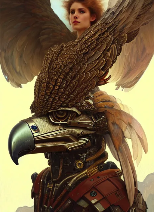 Image similar to a anthropomorphic eagle wearing scifi armor, diffuse lighting, fantasy, intricate, elegant, highly detailed, lifelike, photorealistic, digital painting, artstation, illustration, concept art, smooth, sharp focus, art by John Collier and Albert Aublet and Krenz Cushart and Artem Demura and Alphonse Mucha