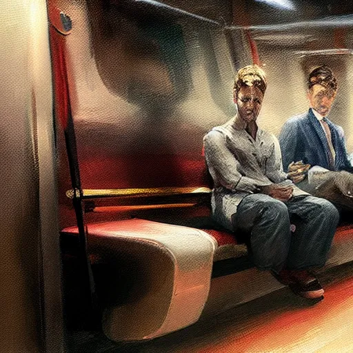 Image similar to a beautiful painting of a man sitting in a subway seat, rutkowski, concept art, cinematic lighting