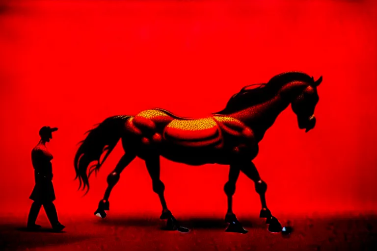 Image similar to a red horse, in the style of beksinski, parts by edward hopper, parts by rodcenko, parts by yue minjun, intricate and epic composition, red by caravaggio, insanely quality, highly detailed, masterpiece, red light, artstation, 4 k