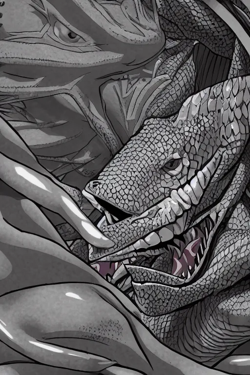 Image similar to lizardman, gray scales, anime, hd,