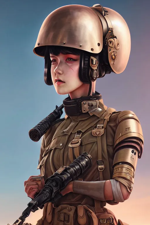 Image similar to portrait of dieselpunk blackpink jisoo soldier girl, helmet, desert, armored, highly detailed, digital painting, face detail, sharp focus, art, illustrations by loish and ayanamikodon and irakli nadar and rossdraws and wlop