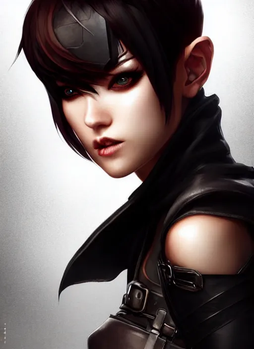 Image similar to rogue, leather bandit outfit!!! beautiful and athletic short hair female!! gorgeous face and eyes!! character concept art, sharp focus, octane render! unreal engine 5! highly rendered!! trending on artstation!! detailed linework!! illustration by artgerm, wlop, and chie yoshii