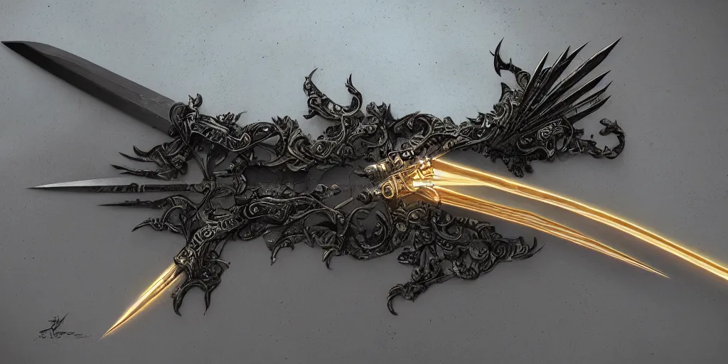 Image similar to legendary cybernetic sword lying flat on a glowing table with a long sharp black and iridescent sword blade, digital award winning hd matte painting, intimate dark moody, intricate, ornate spikes, colorful hilt, detailed realistic, raytraced blade, colored gems, future golden technological pommel, in the style of greg rutkowski and krenz cushart, deviantart