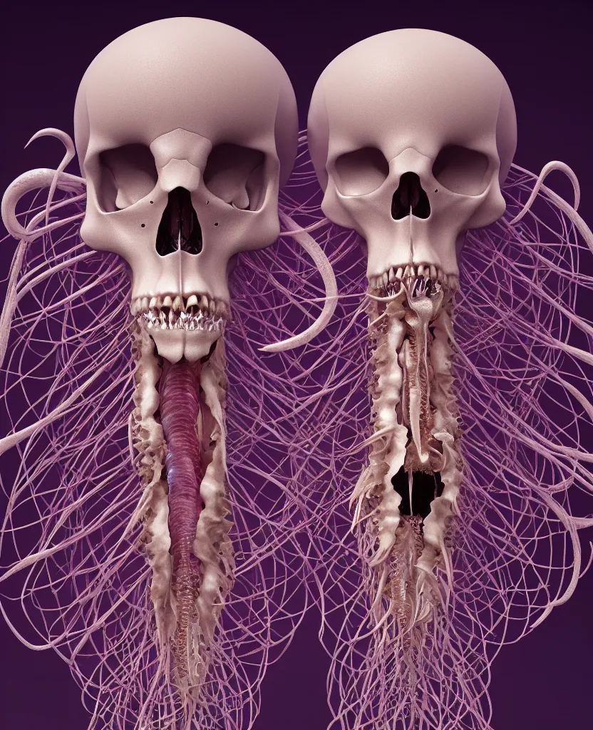 Image similar to symmetry!! goddess close - up portrait human skeleton, ram skull, squid phoenix jellyfish, orchid, betta fish, bioluminiscent, intricate artwork by tooth wu and wlop and beeple. octane render, trending on artstation, greg rutkowski very coherent symmetrical artwork. cinematic, hyper realism, high detail, octane render, 8 k